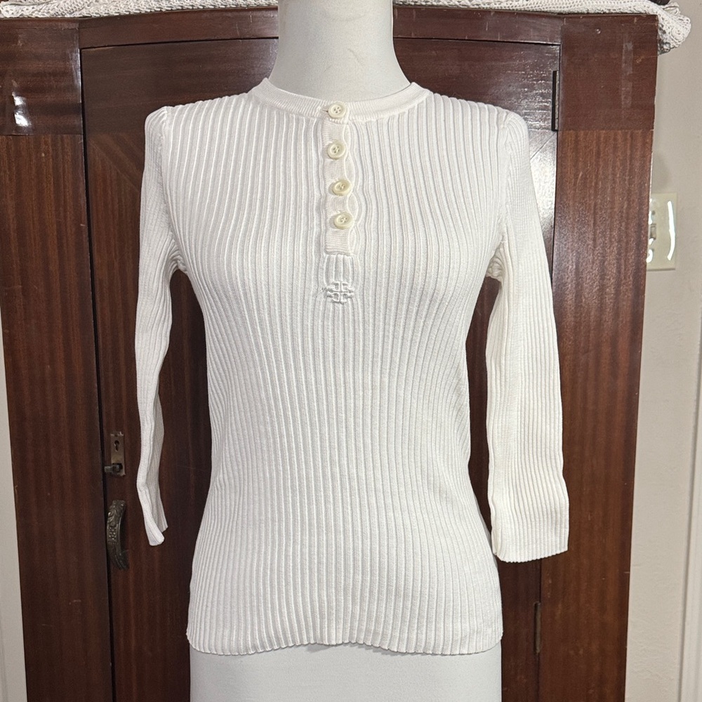 Tory Burch white Ribbed Long Sleeve Top